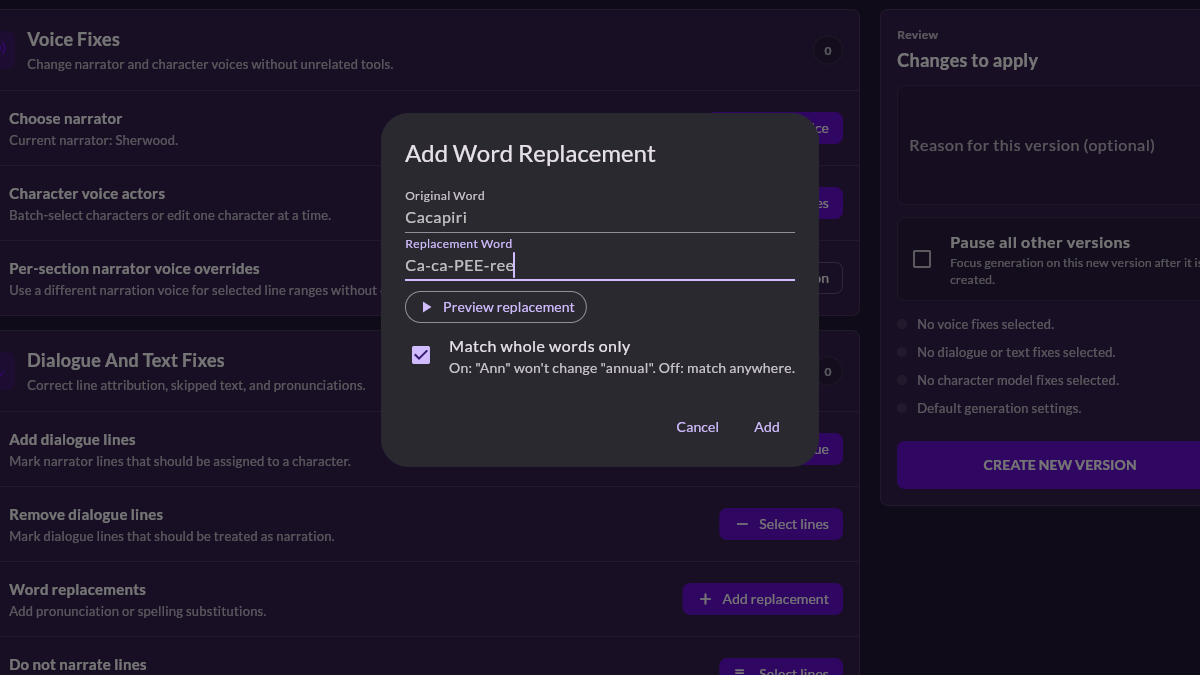 Fix an AI audiobook in MyNarratorAI with a Cacapiri pronunciation replacement, preview control, and whole-word matching