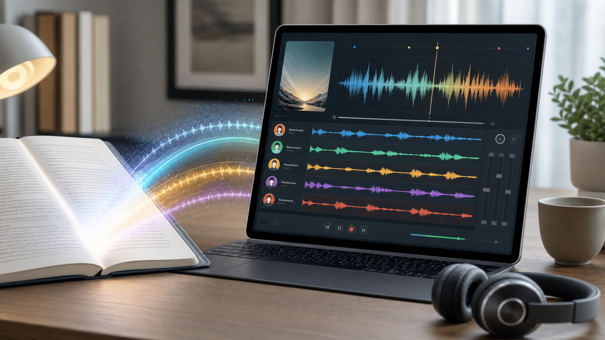 AI audiobook generator converting an ebook into full-cast audio voice tracks